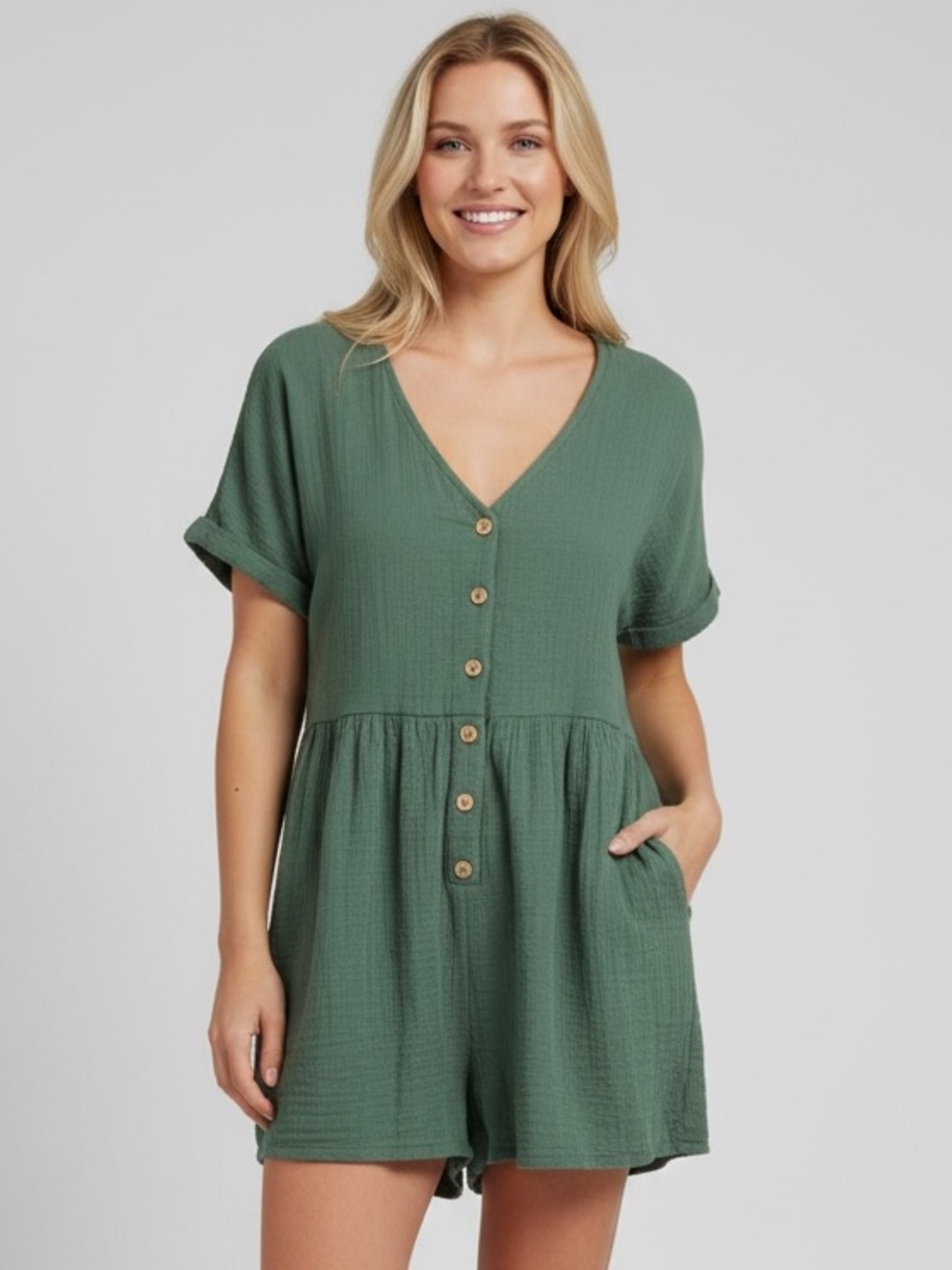 Emery Rose Green Button-Front 100% Cotton Gauze Romper, L - Picture 2 of 9